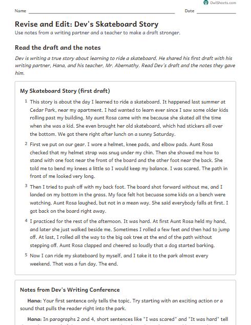 Revise and Edit: Dev's Skateboard Story worksheet preview