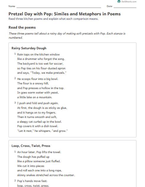 Pretzel Day with Pop: Similes and Metaphors in Poems worksheet preview