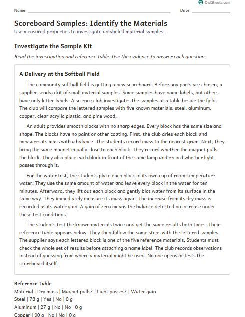 Scoreboard Samples: Identify the Materials worksheet preview