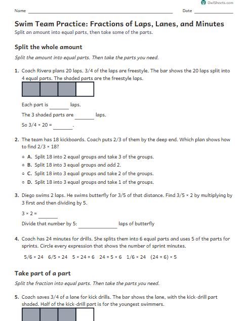 Swim Team Practice: Fractions of Laps, Lanes, and Minutes worksheet preview