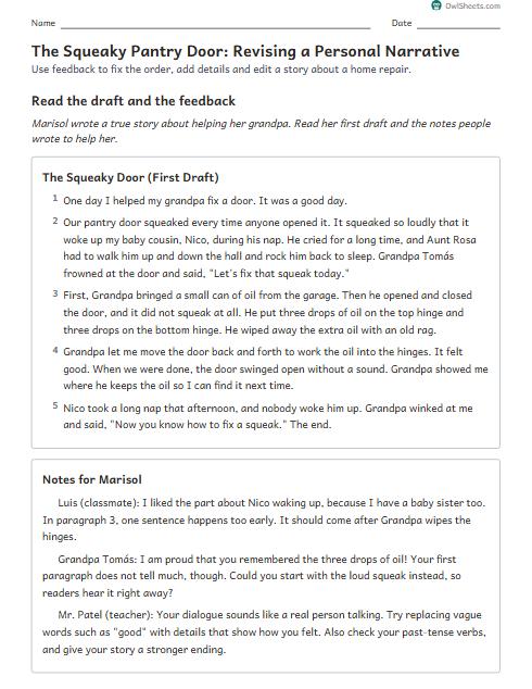The Squeaky Pantry Door: Revising a Personal Narrative worksheet preview