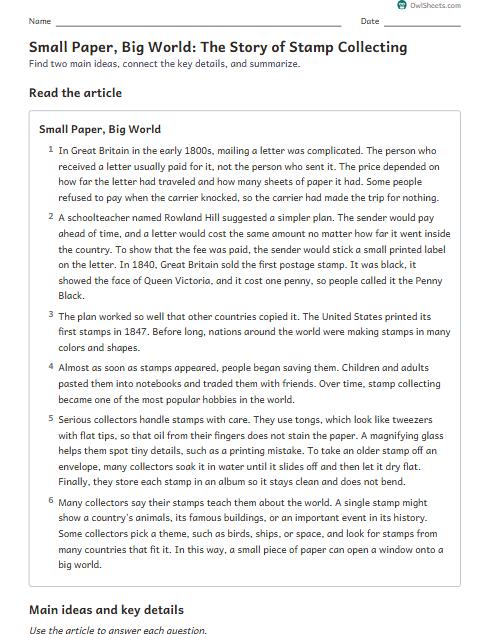 Small Paper, Big World: The Story of Stamp Collecting worksheet preview