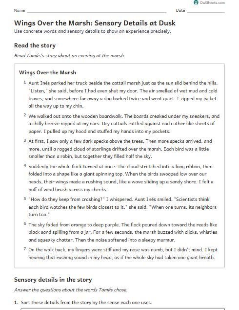 Wings Over the Marsh: Sensory Details at Dusk worksheet preview