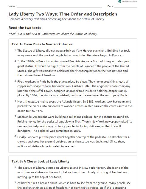 Lady Liberty Two Ways: Time Order and Description worksheet preview