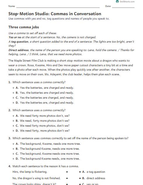 Stop-Motion Studio: Commas in Conversation worksheet preview