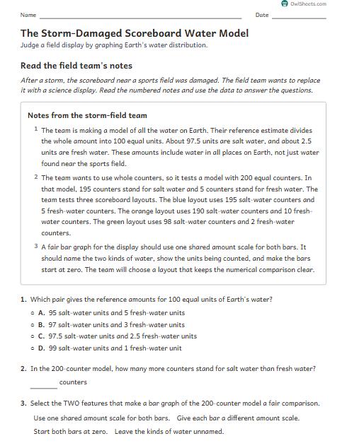 The Storm-Damaged Scoreboard Water Model worksheet preview