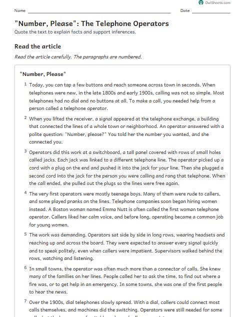 "Number, Please": The Telephone Operators worksheet preview