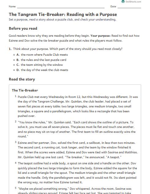 The Tangram Tie-Breaker: Reading with a Purpose worksheet preview