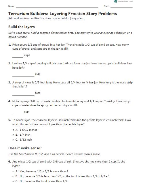 Terrarium Builders: Layering Fraction Story Problems worksheet preview