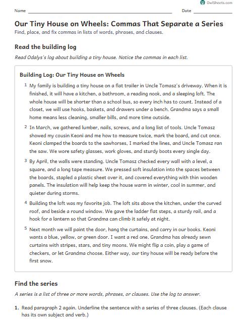 Our Tiny House on Wheels: Commas That Separate a Series worksheet preview