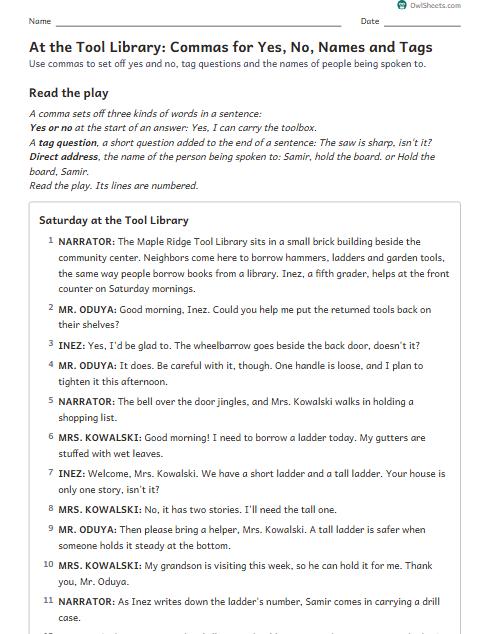At the Tool Library: Commas for Yes, No, Names and Tags worksheet preview