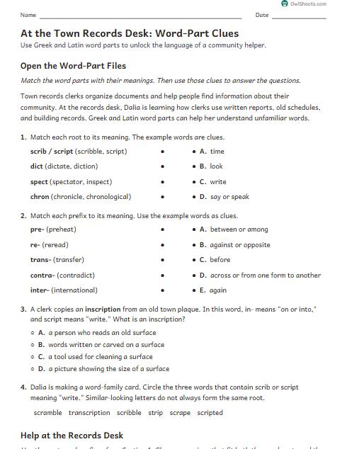 At the Town Records Desk: Word-Part Clues worksheet preview