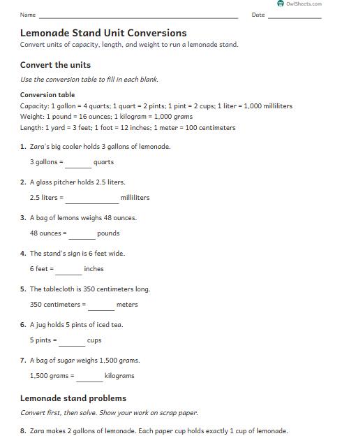 Lemonade Stand Unit Conversions worksheet preview