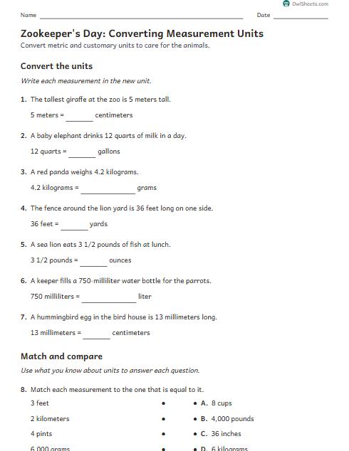 Zookeeper's Day: Converting Measurement Units worksheet preview