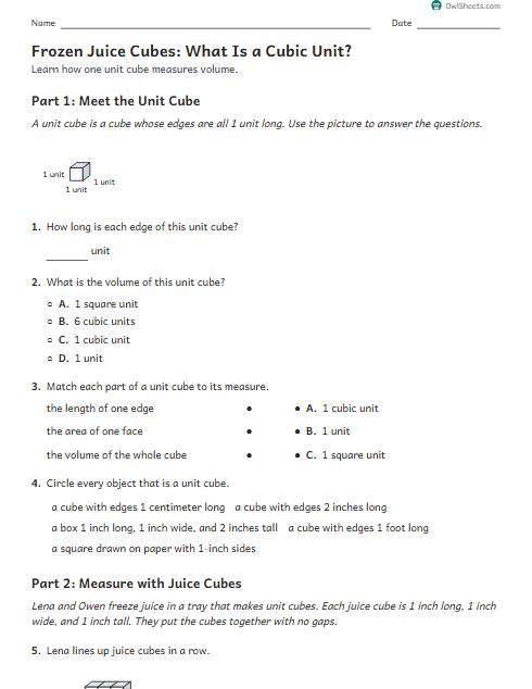 Frozen Juice Cubes: What Is a Cubic Unit? worksheet preview