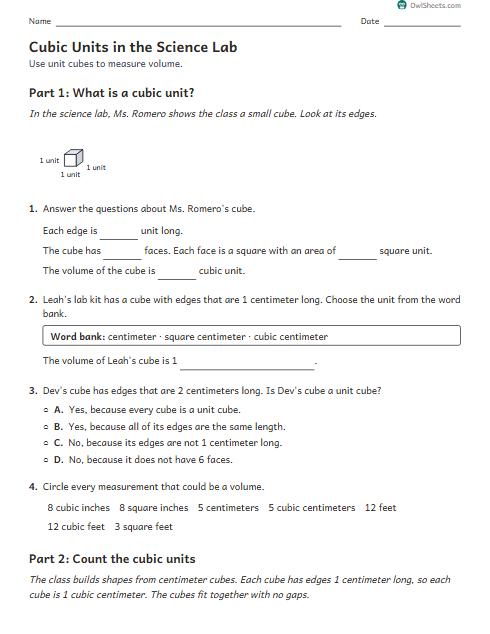 Cubic Units in the Science Lab worksheet preview