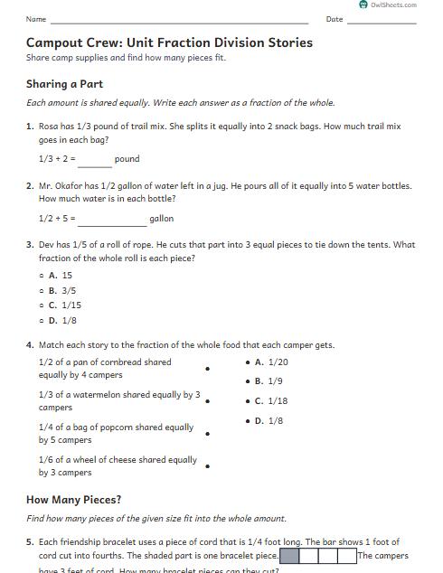 Campout Crew: Unit Fraction Division Stories worksheet preview