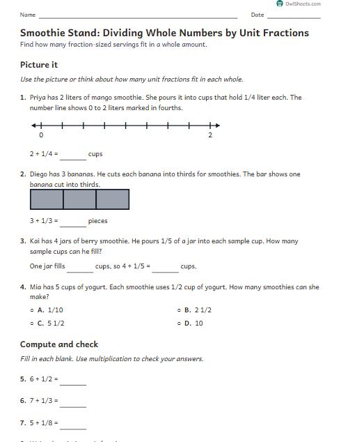 Smoothie Stand: Dividing Whole Numbers by Unit Fractions worksheet preview