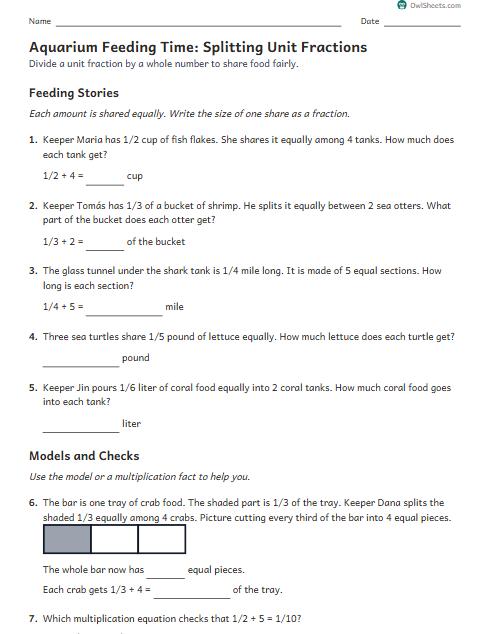 Aquarium Feeding Time: Splitting Unit Fractions worksheet preview