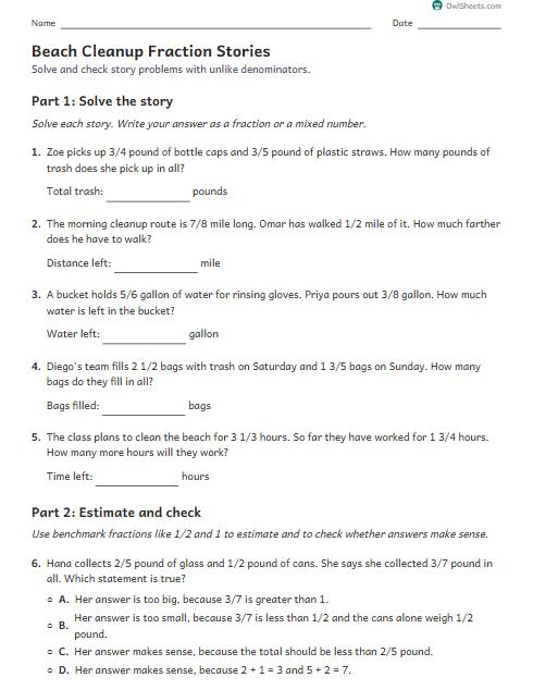 Beach Cleanup Fraction Stories worksheet preview