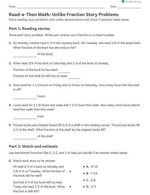 Read-a-Thon Math: Unlike Fraction Story Problems worksheet preview