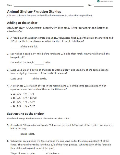 Animal Shelter Fraction Stories worksheet preview