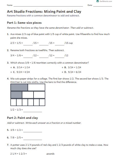 Art Studio Fractions: Mixing Paint and Clay worksheet preview