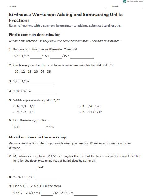 Birdhouse Workshop: Adding and Subtracting Unlike Fractions worksheet preview