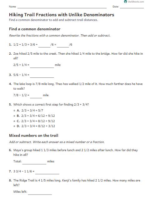 Hiking Trail Fractions with Unlike Denominators worksheet preview