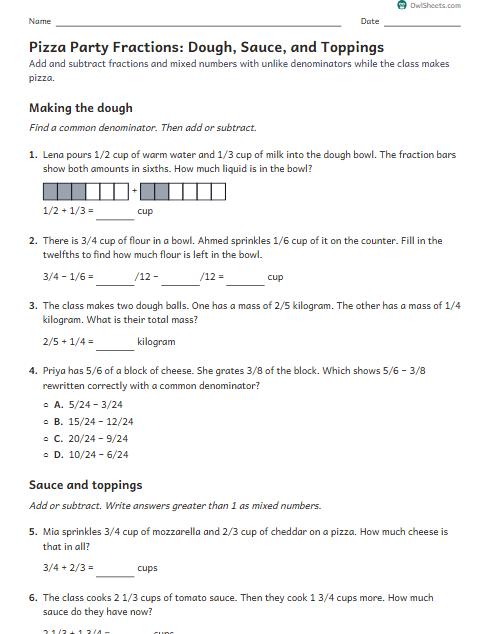 Pizza Party Fractions: Dough, Sauce, and Toppings worksheet preview