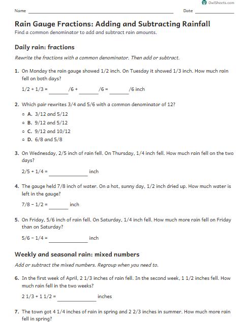 Rain Gauge Fractions: Adding and Subtracting Rainfall worksheet preview