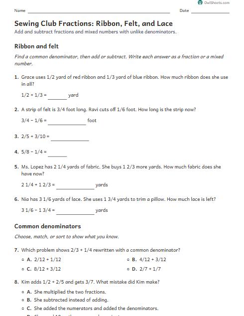 Sewing Club Fractions: Ribbon, Felt, and Lace worksheet preview
