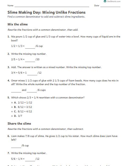 Slime Making Day: Mixing Unlike Fractions worksheet preview