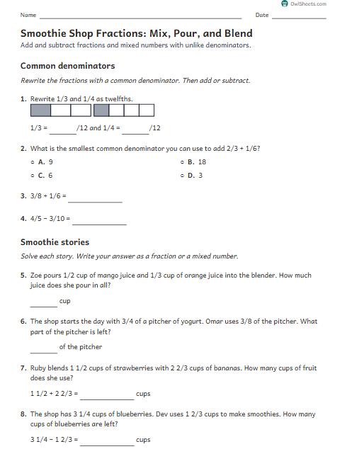 Smoothie Shop Fractions: Mix, Pour, and Blend worksheet preview