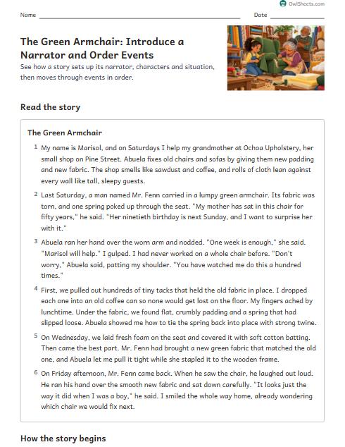 The Green Armchair: Introduce a Narrator and Order Events worksheet preview