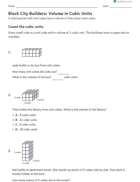 Block City Builders: Volume in Cubic Units worksheet preview