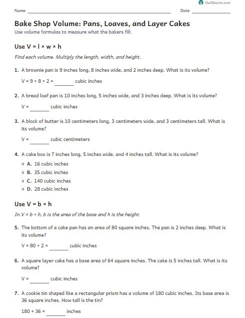 Bake Shop Volume: Pans, Loaves, and Layer Cakes worksheet preview