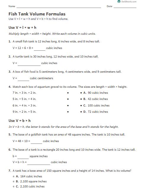 Fish Tank Volume Formulas worksheet preview