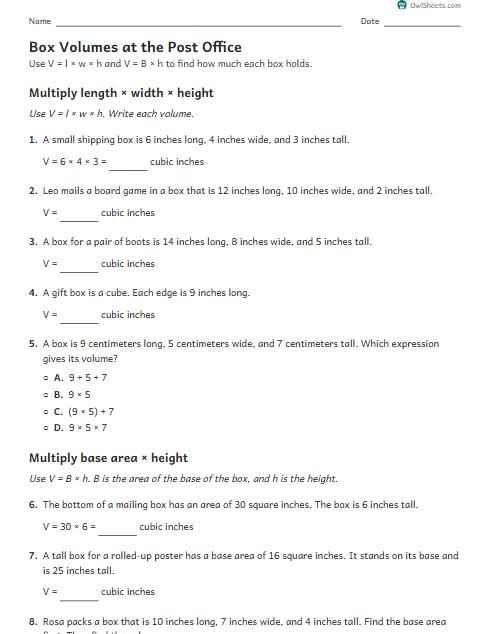 Box Volumes at the Post Office worksheet preview