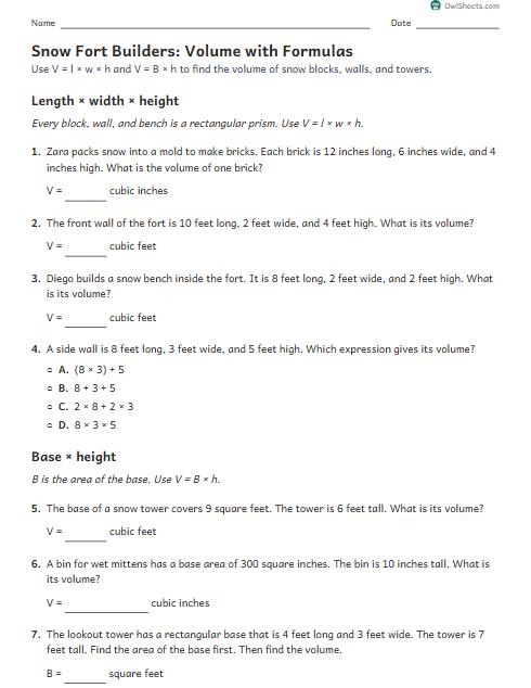 Snow Fort Builders: Volume with Formulas worksheet preview