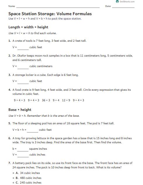 Space Station Storage: Volume Formulas worksheet preview