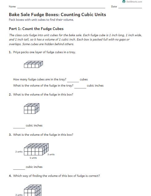 Bake Sale Fudge Boxes: Counting Cubic Units worksheet preview