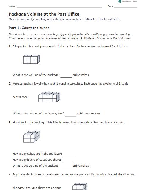 Package Volume at the Post Office worksheet preview