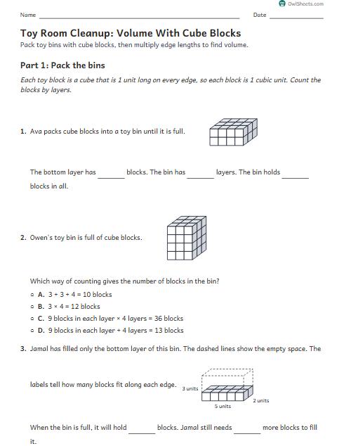 Toy Room Cleanup: Volume With Cube Blocks worksheet preview