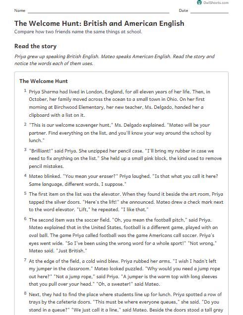 The Welcome Hunt: British and American English worksheet preview