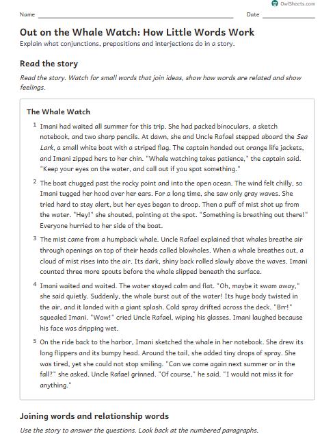 Out on the Whale Watch: How Little Words Work worksheet preview