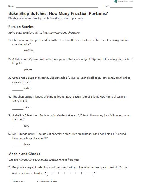 Bake Shop Batches: How Many Fraction Portions? worksheet preview