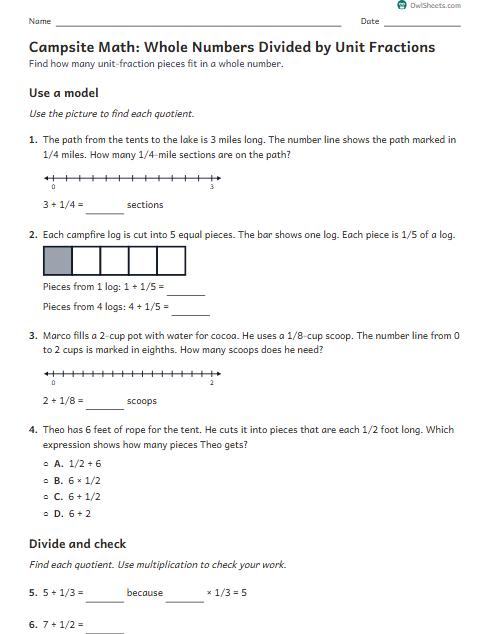 Campsite Math: Whole Numbers Divided by Unit Fractions worksheet preview