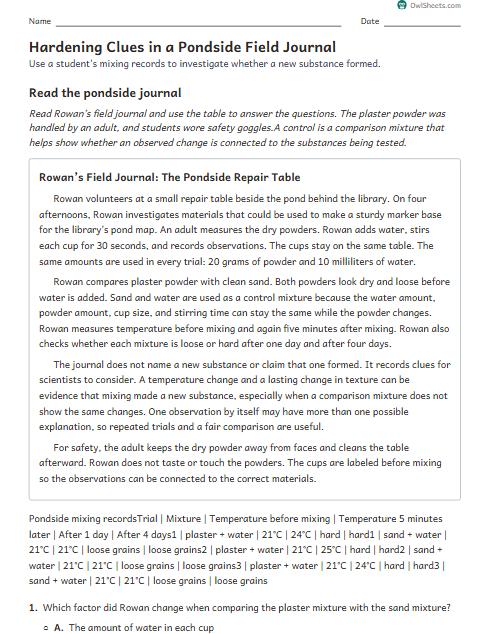 Hardening Clues in a Pondside Field Journal worksheet preview