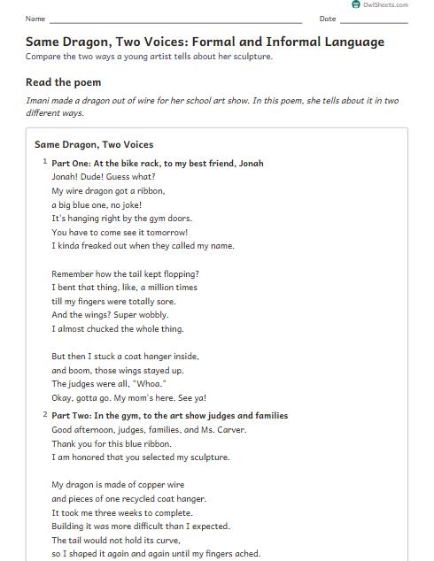 Same Dragon, Two Voices: Formal and Informal Language worksheet preview